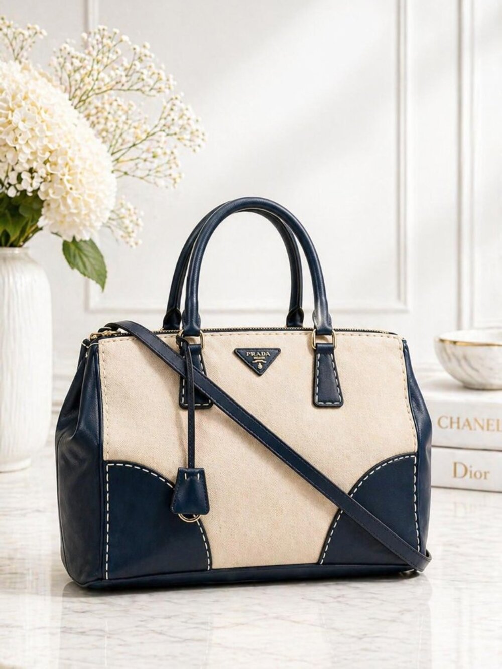Authentic Prada Two Tone Leather Canvas Tote Satchel Crossbody Bag